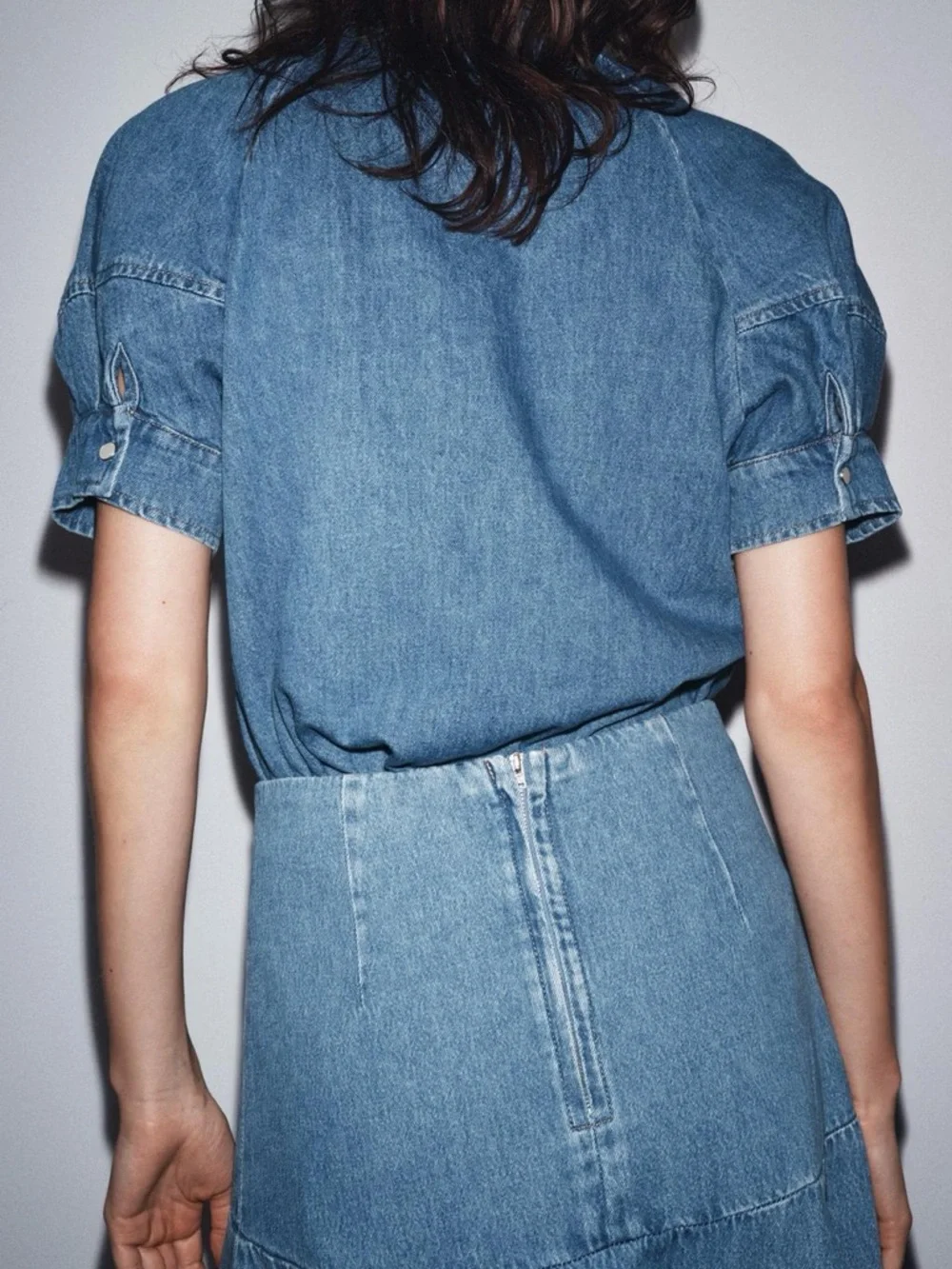 Zara Blue Denim Tie-Neck Top